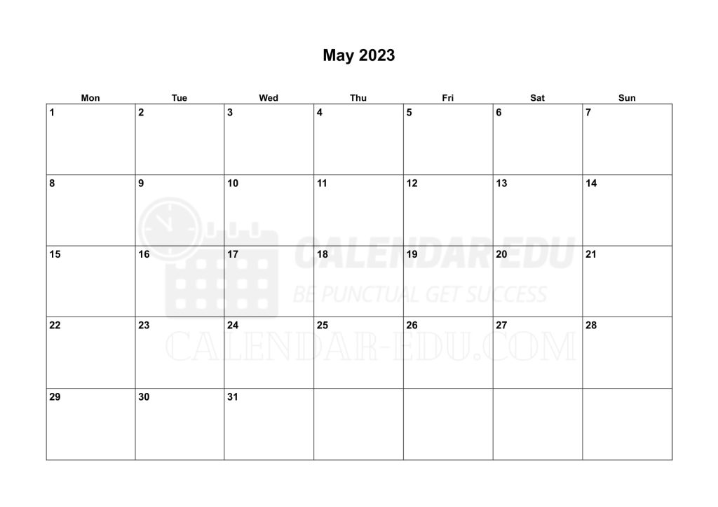 Landscape Monday start May 2023 Calendar Printable Templates
