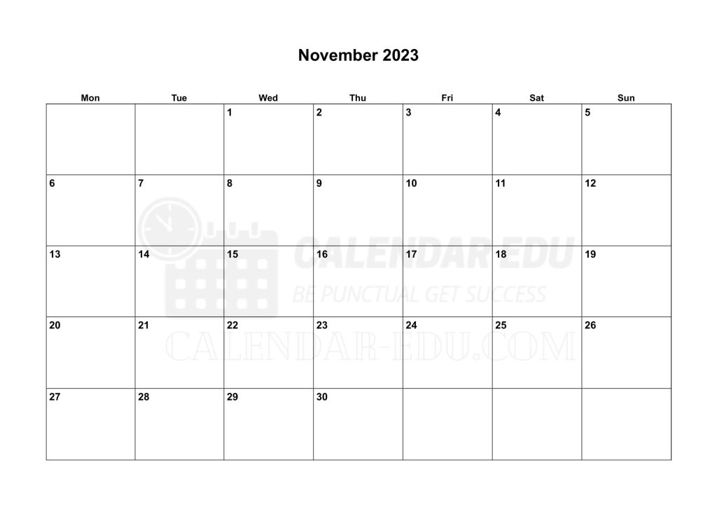 Landscape Monday start November 2023 Calendar printable templates