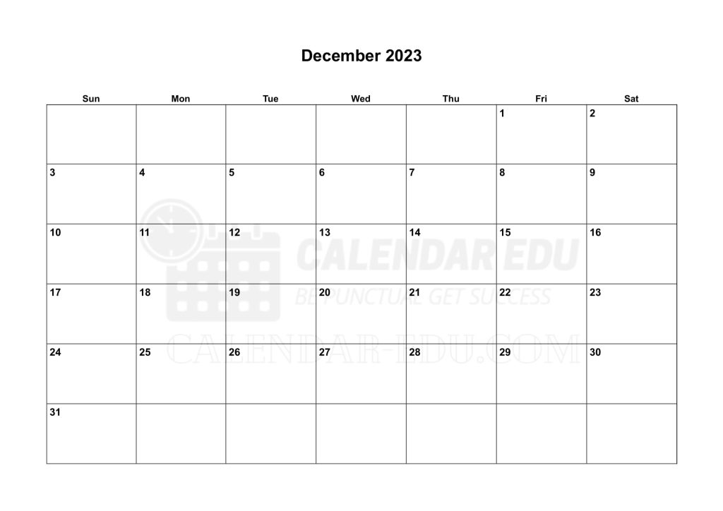Landscape Sunday start December 2023 Calendar printable templates
