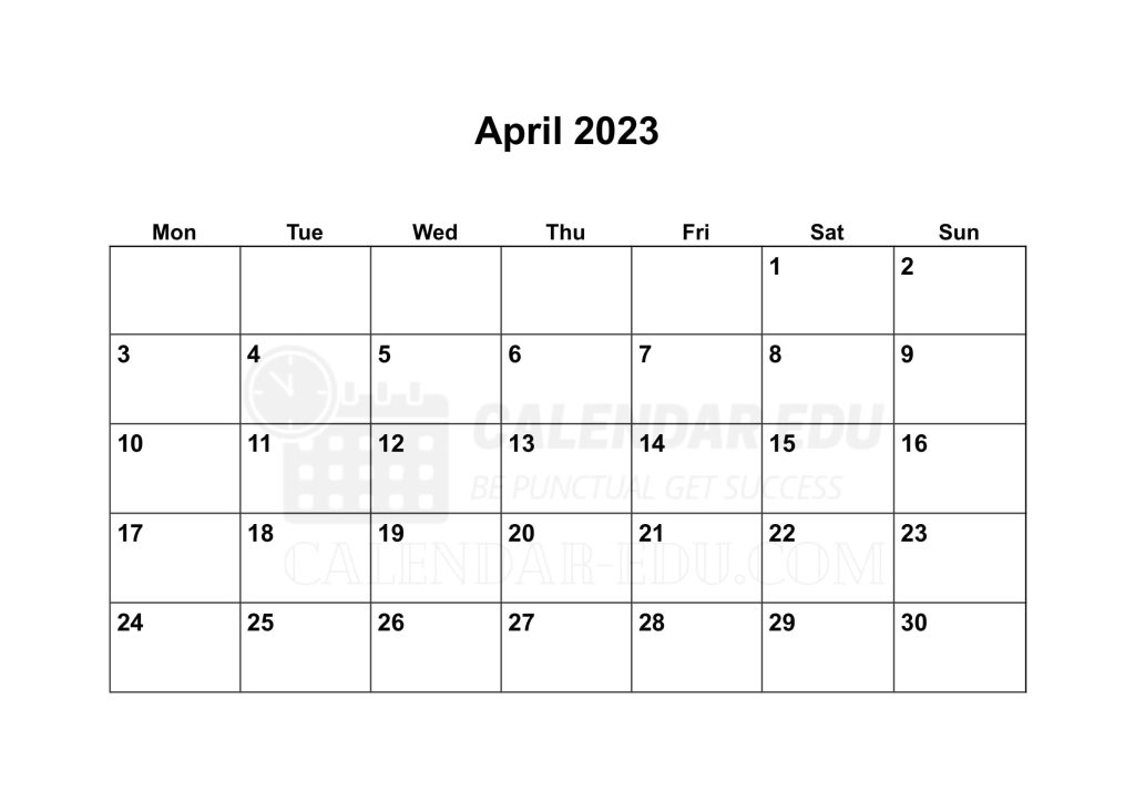 Monday start printable calendar april 2023 Blank Templates