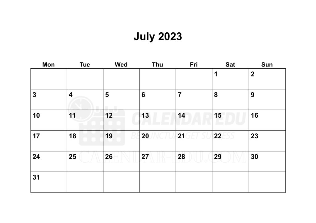 Monday start July 2023 Calendar Printable Blank Templates