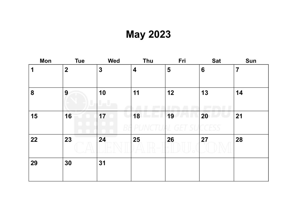 Monday start May 2023 Calendar Blank Printable Templates