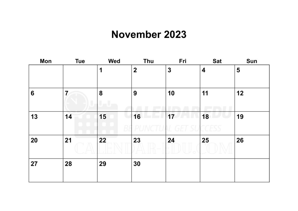 Monday start November 2023 Calendar blank printable templates