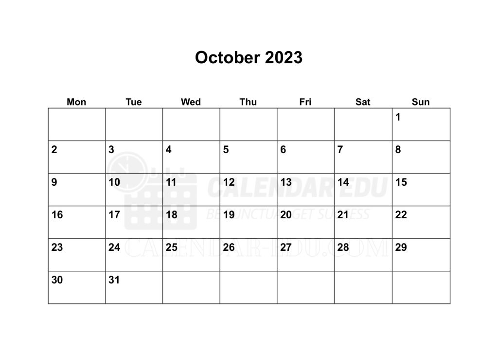 Monday start October 2023 Calendar Blank printable templates