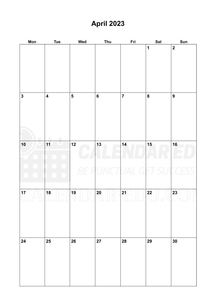 Portrait Monday start calendar for april 2023 Printable Templates