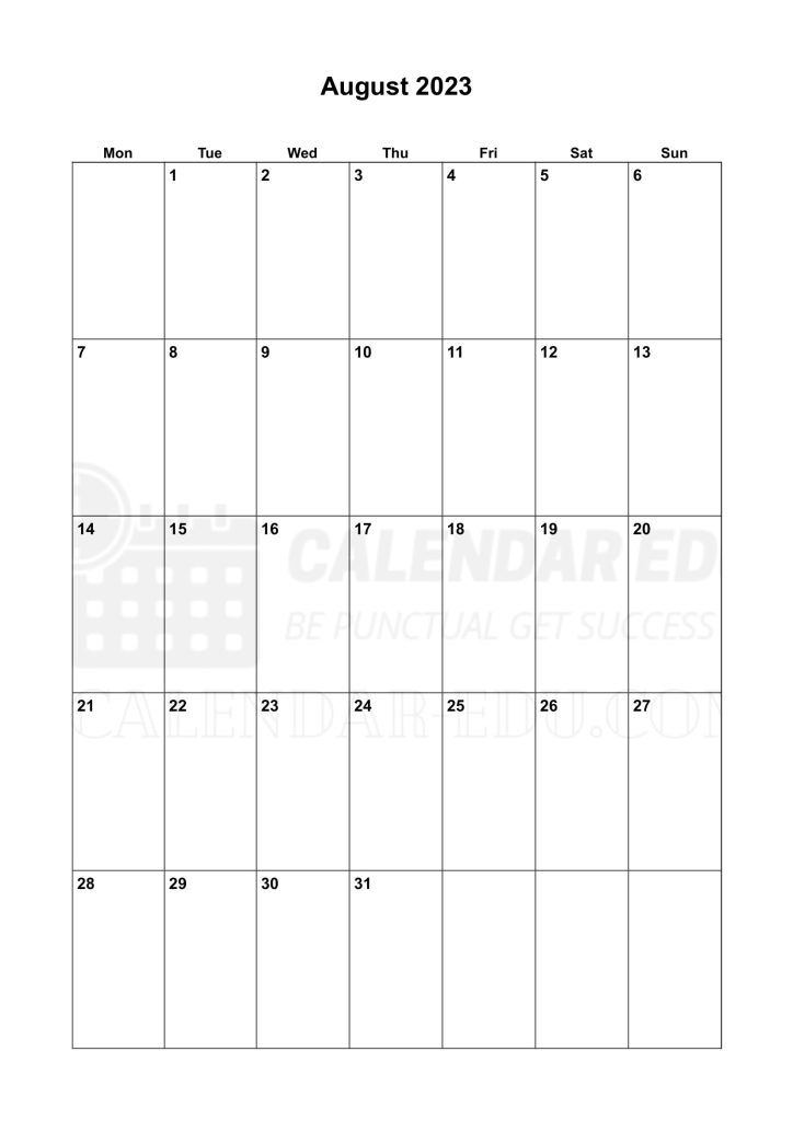 Portrait Monday start August 2023 Calendar printable templates