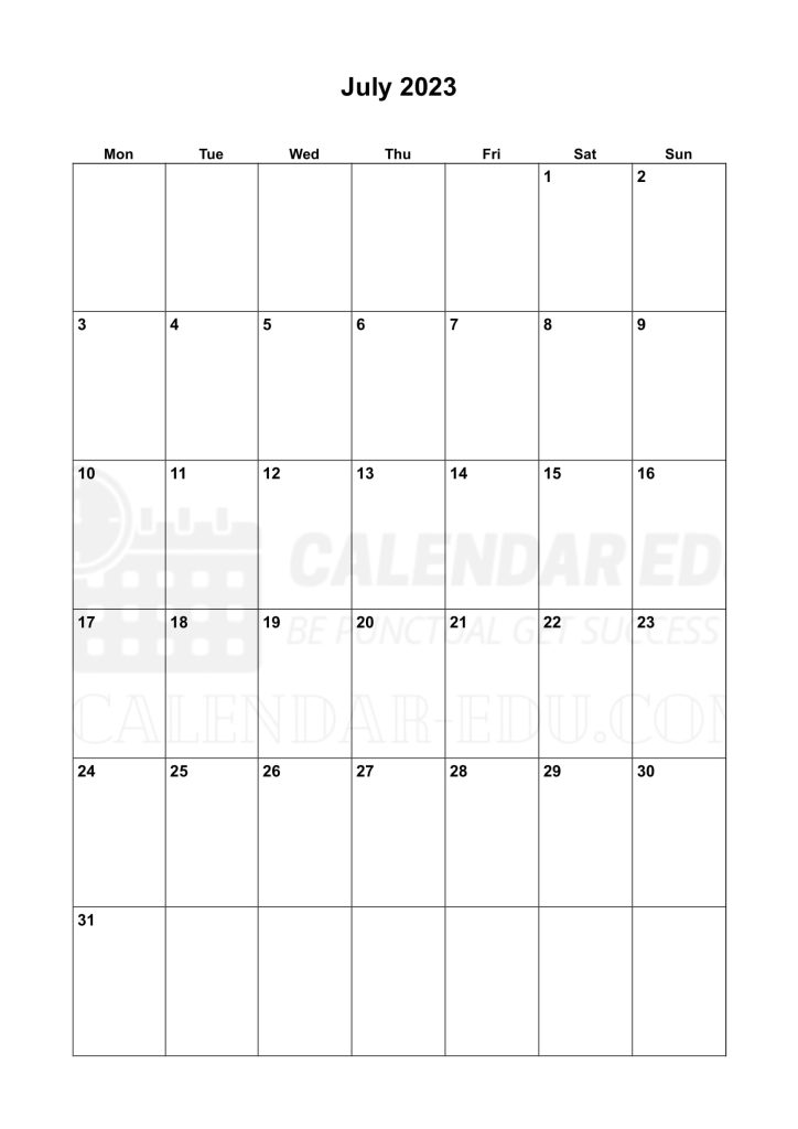 Portrait Monday start July 2023 Calendar Printable Templates
