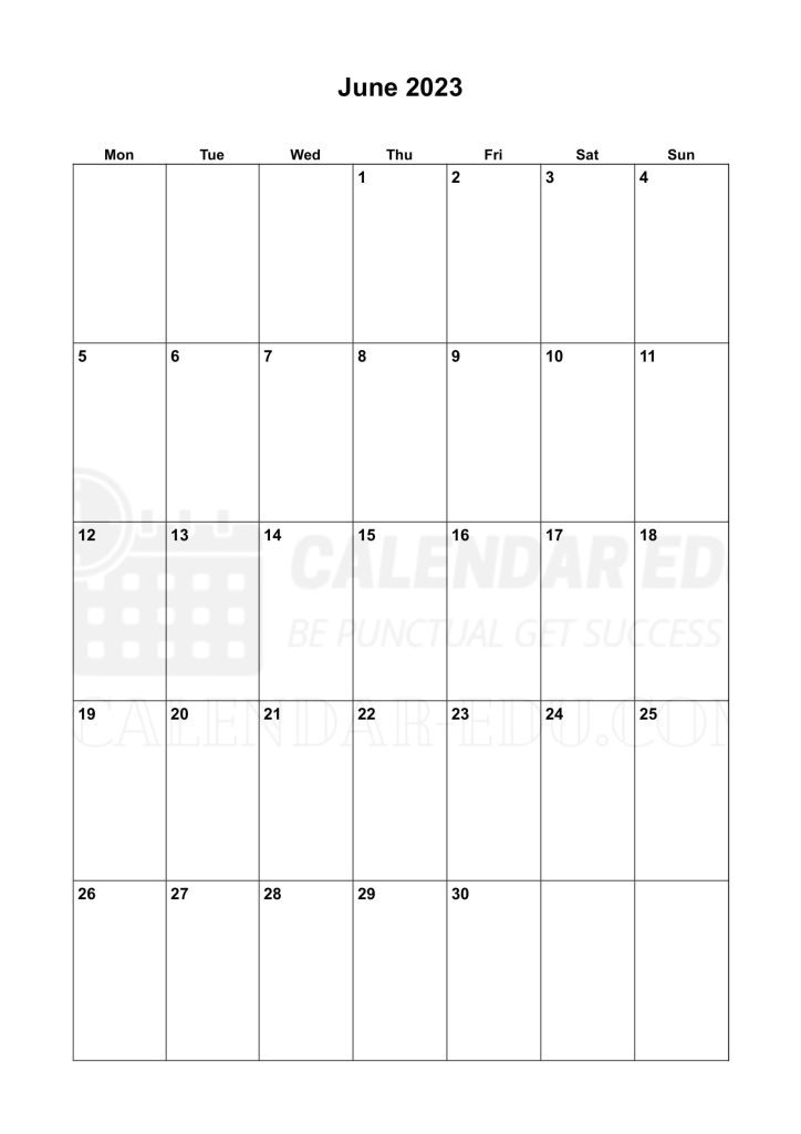 Portrait Monday start June 2023 Calendar Printable Templates
