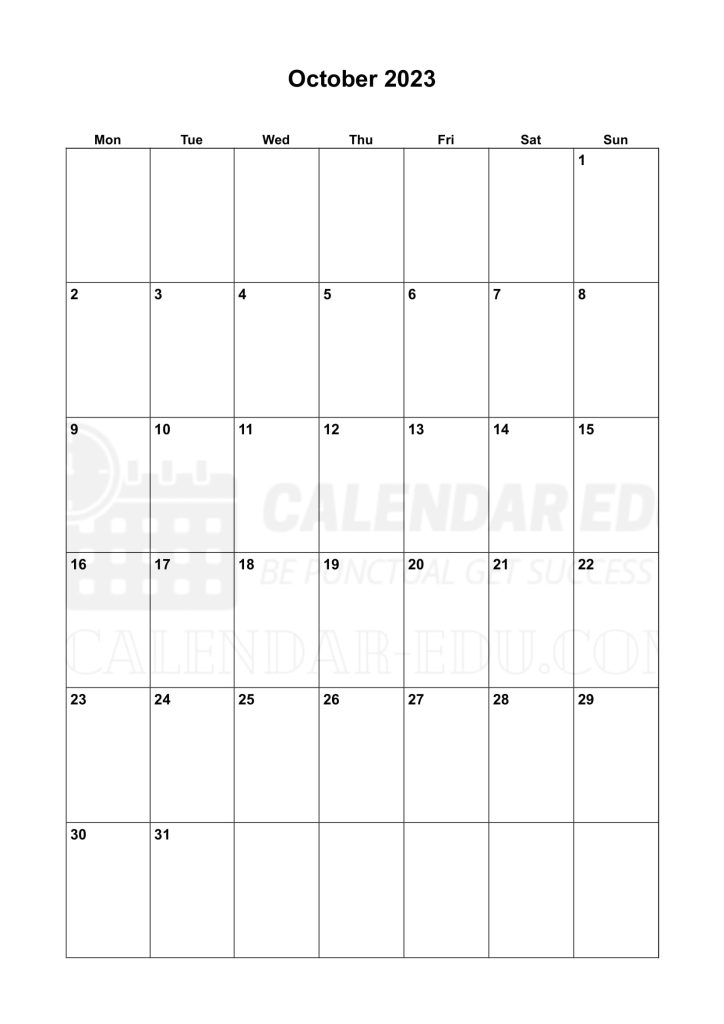 Portrait Monday start October 2023 Calendar printable templates