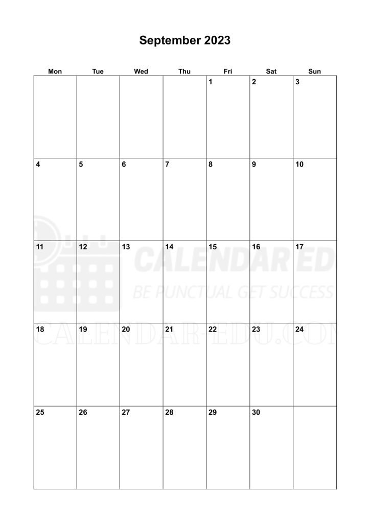 Portrait Monday start September 2023 Calendar printable templates