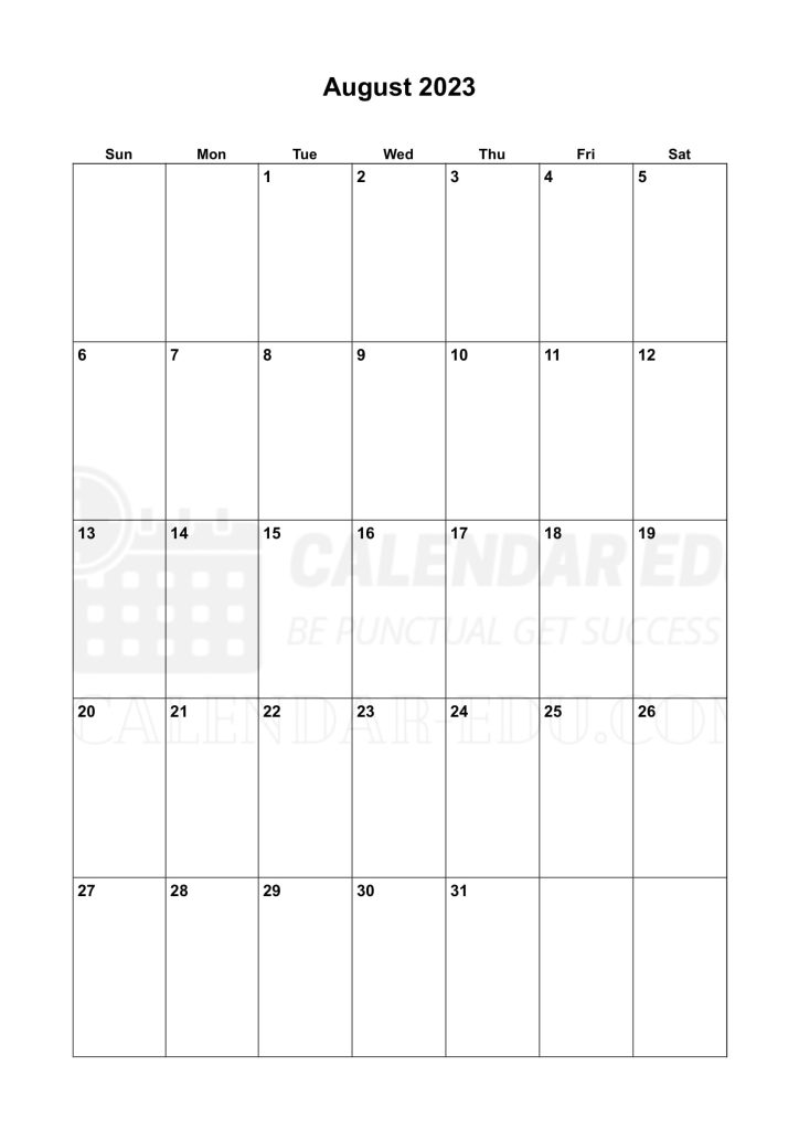 Portrait Sunday start August 2023 Calendar printable templates