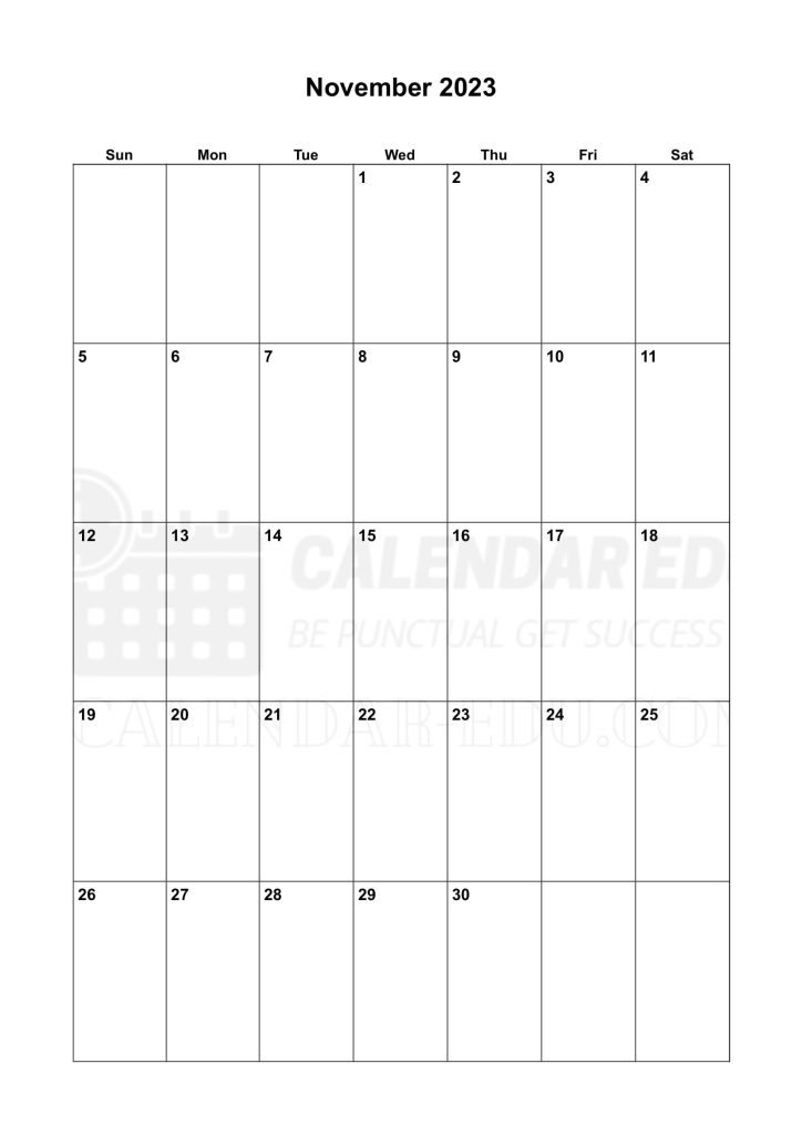 Portrait Sunday start November 2023 Calendar printable templates