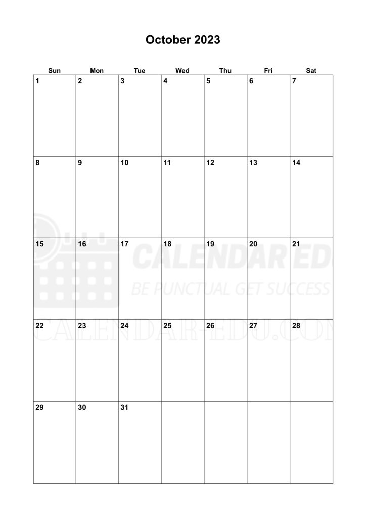 Portrait Sunday start October 2023 Calendar printable templates