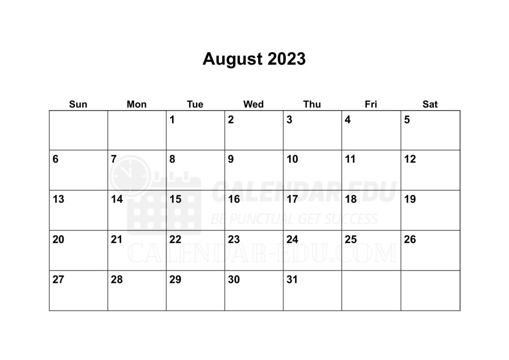 Sunday start August 2023 Calendar Blank printable templates