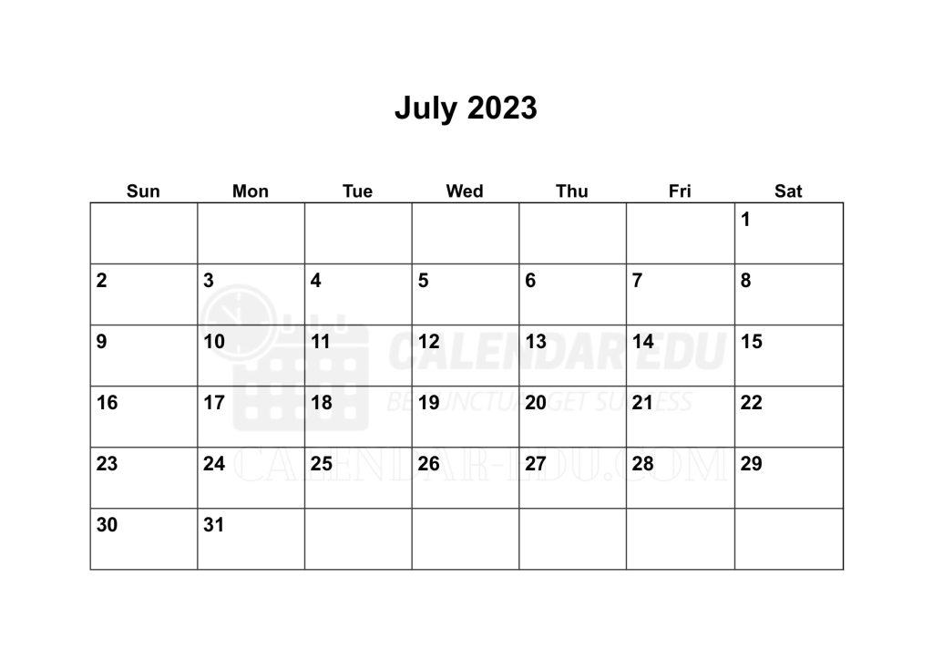 Sunday start July 2023 Blank Calendar Templates