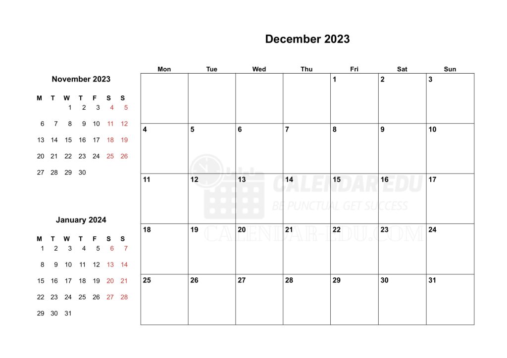 Two Months Monday start December 2023 Calendar