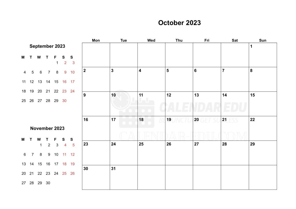 Two Months Monday start October 2023 Blank Calendar templates