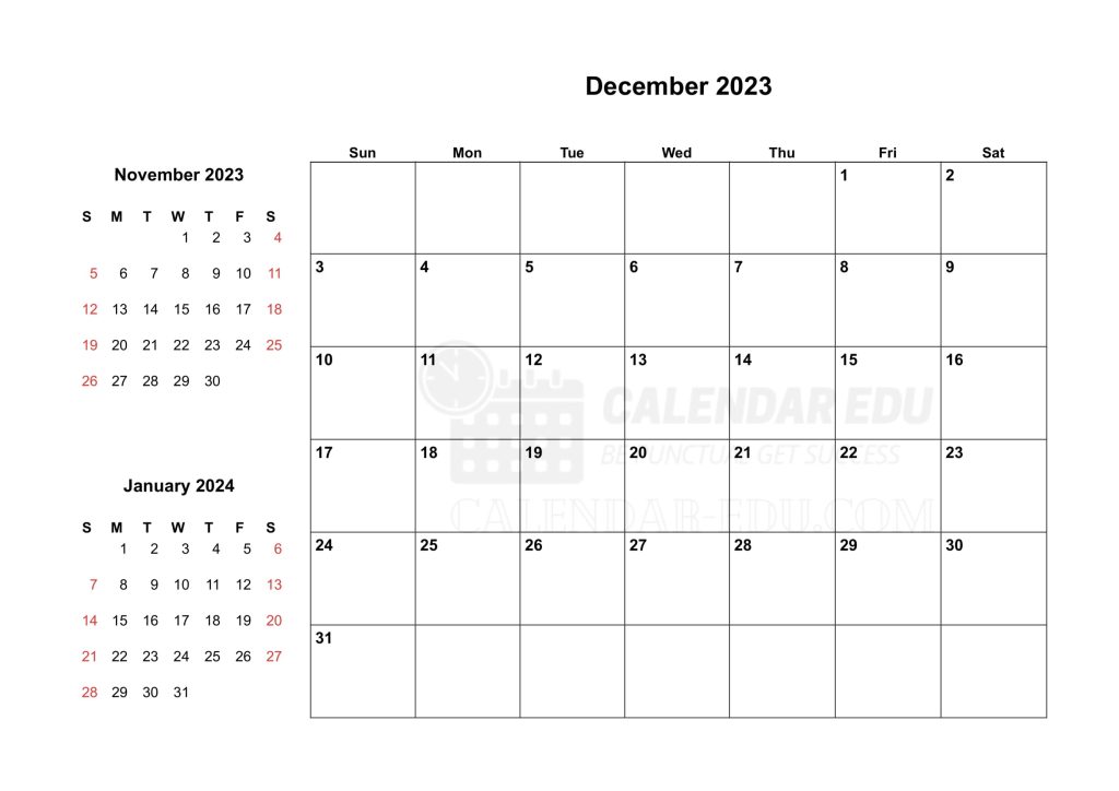 Two Months Sunday start December 2023 Calendar printable templates
