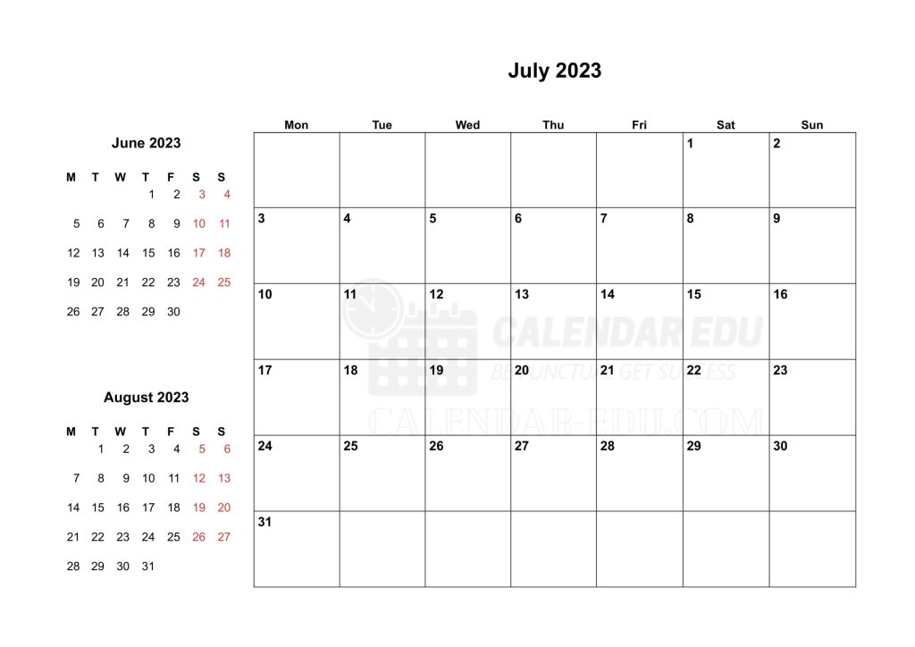 Two months Monday start July 2023 Calendar Printable Templates