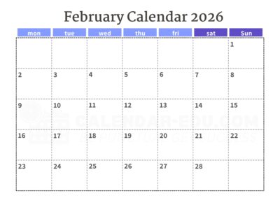 2026 February printable calendar