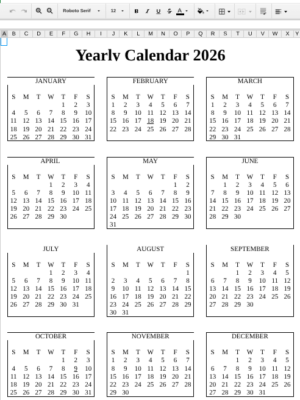 2026 Full Year Calendar in Word and Excel Preview