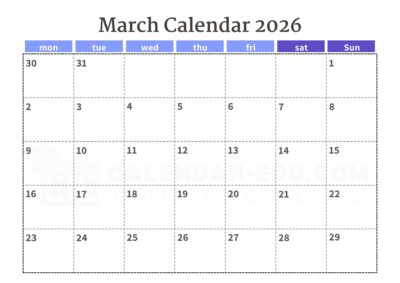 2026 March calendar template