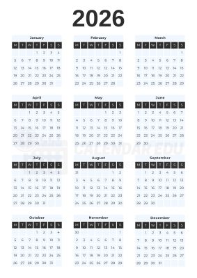 2026 calendar Monday start