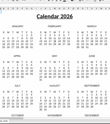 2026 yearly calendar excel and Word preview