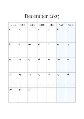 December Printable Calendar 2025