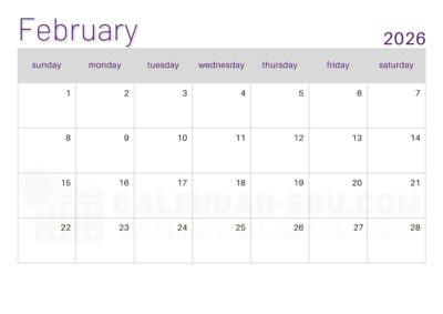 February printable calendar 2026