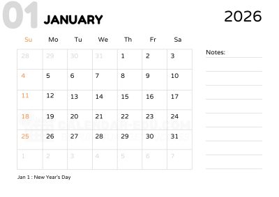 January 2026 Printable Calendar