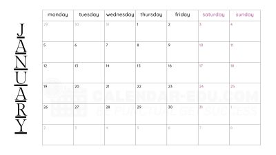 January 2026 calendar Canada