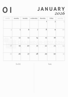 January 2026 calendar with notes