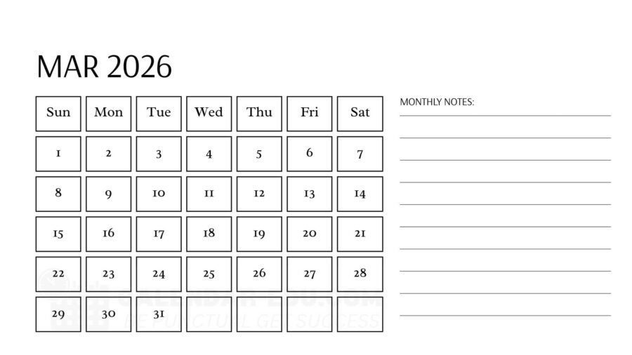 Printable Calendar Template 2026 March