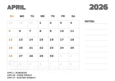 april 2026 calendar with holidays