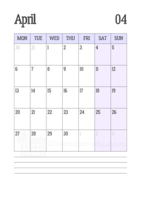 april 2026 calendar with notes