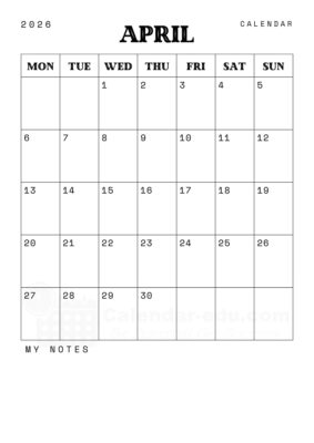 april blank calendar 2026