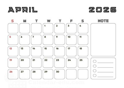 April printable calendar 2026