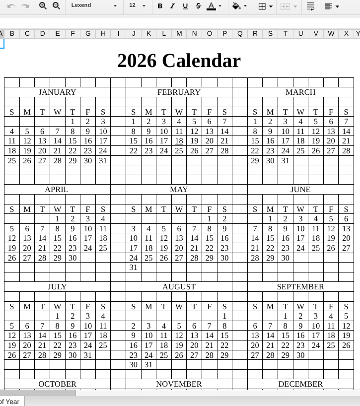 Editable Full Year 2026 Calendar Excel | 2026 Word Templates