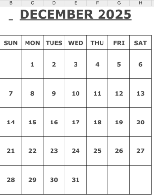 December 2025 docs and spreadsheet calendar