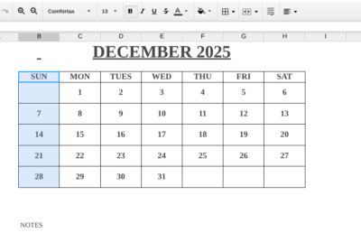 December calendar 2025 word and excel