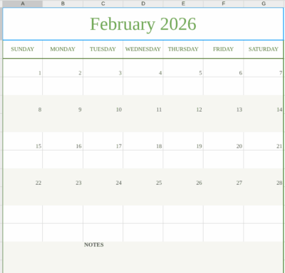 February 2026 calendar excel and word