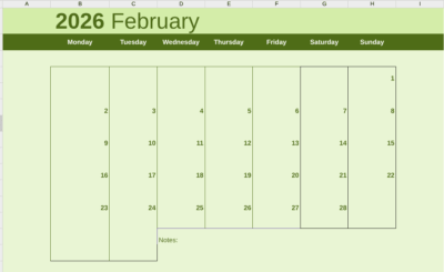 February 2026 calendar google sheet and docs format