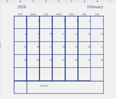 February 2026 calendar sheet and docs format
