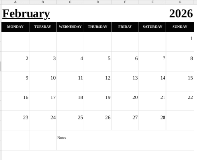 February 2026 calendar spreadsheet and docs