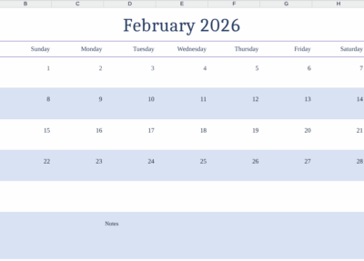 February 2026 excel and word calendar template