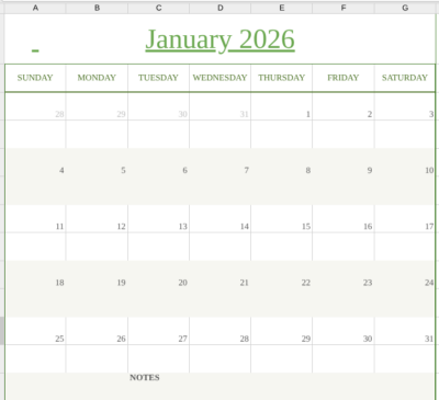 January 2026 calendar excel and word