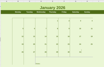 January 2026 calendar google sheet and docs format
