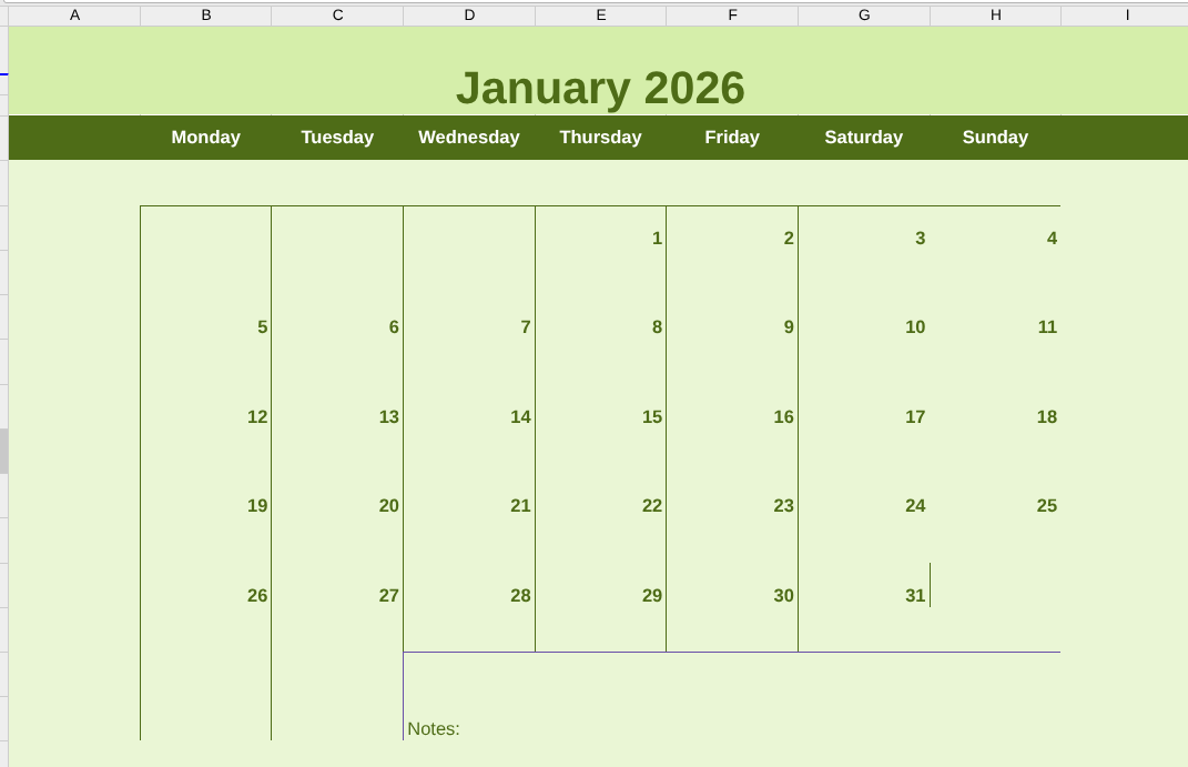 January 2026 Calendar Excel and Word Editable Templates