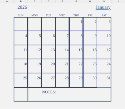 January 2026 calendar spreadsheet and docs